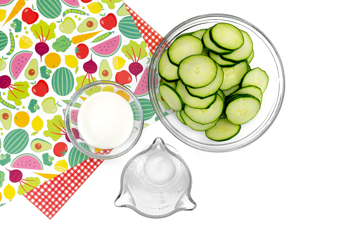 Ingredients needed for Sweet Refrigerator Pickles.