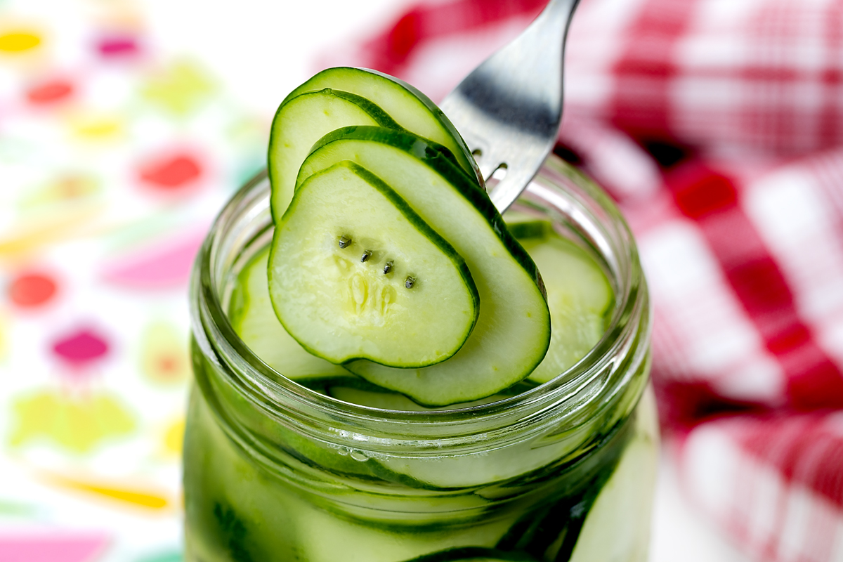 Sweet Refrigerator Pickles on a fork.