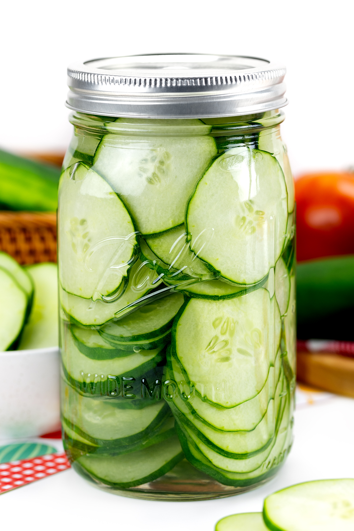 Large jar of homemade pickles.