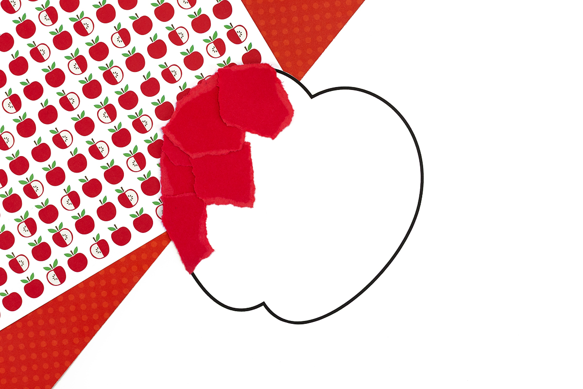 Torn paper apple craft in-progress.
