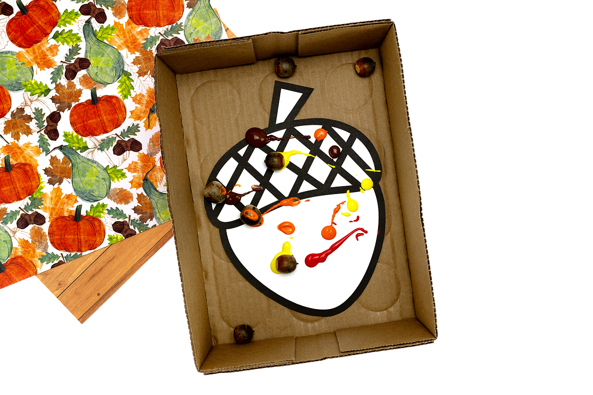 Free printable acorn template in a box with paint and acorns.