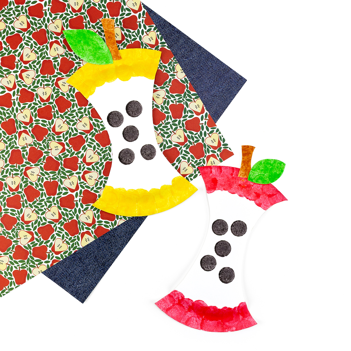 Yellow and red paper plate apple cores.