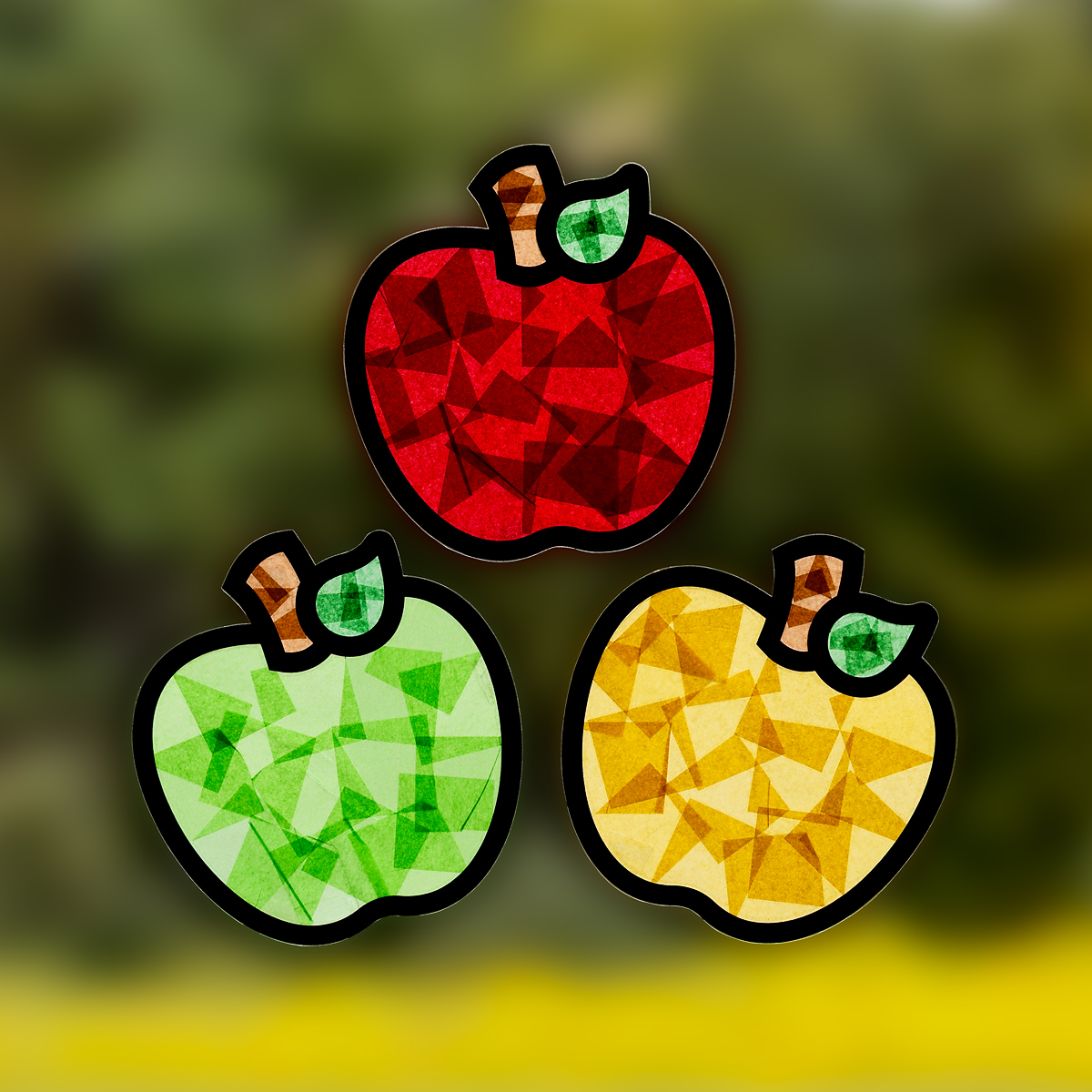 Red, green, and yellow apple suncatchers.