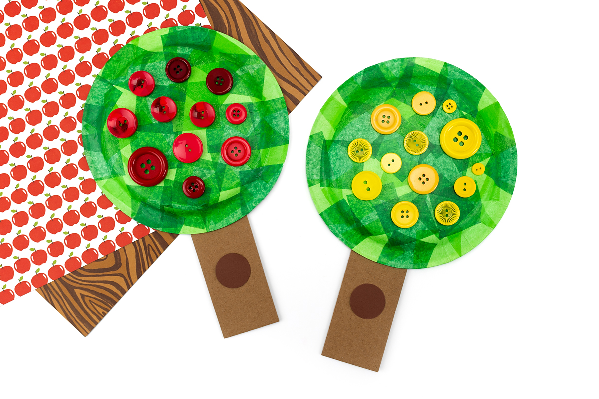 Red and yellow button apple tree crafts.