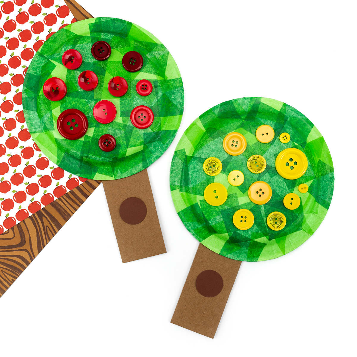 Red and yellow button apple tree crafts.