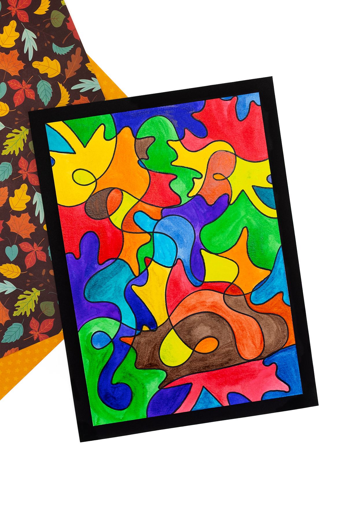 Finished fall leaf scribble art for kids.