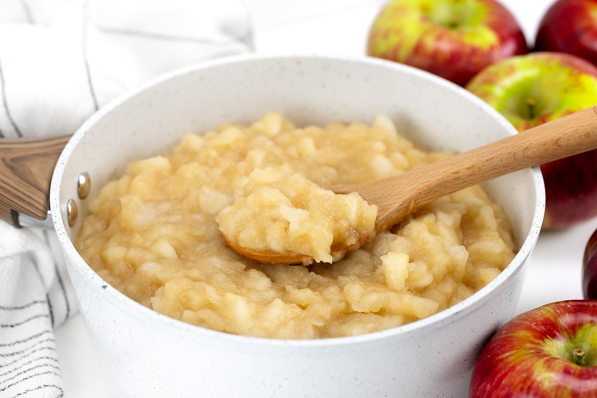 Pot of homemade applesauce.