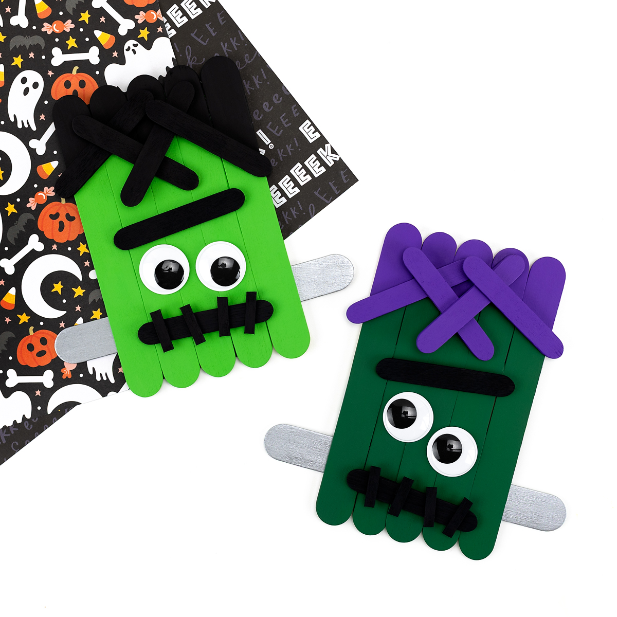 Two Frankenstein popsicle stick crafts for kids.