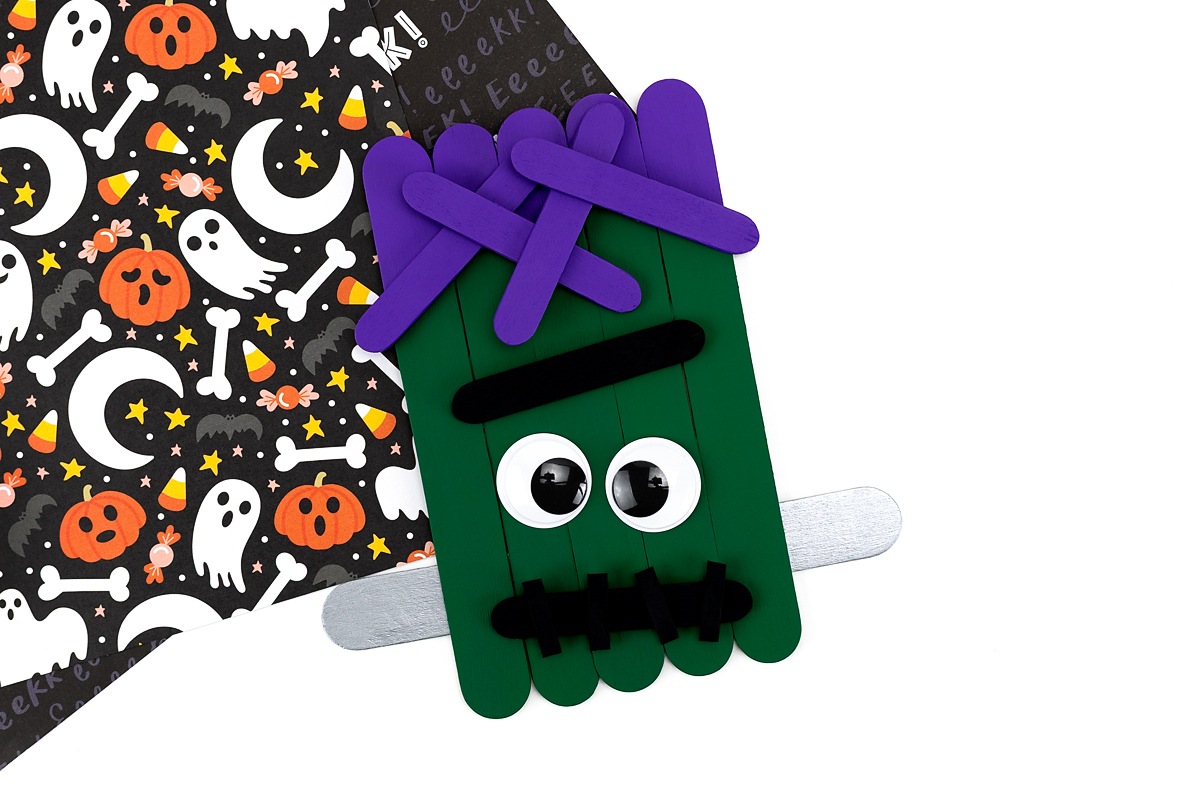 Finished Popsicle Stick Frankenstein Craft for kids.