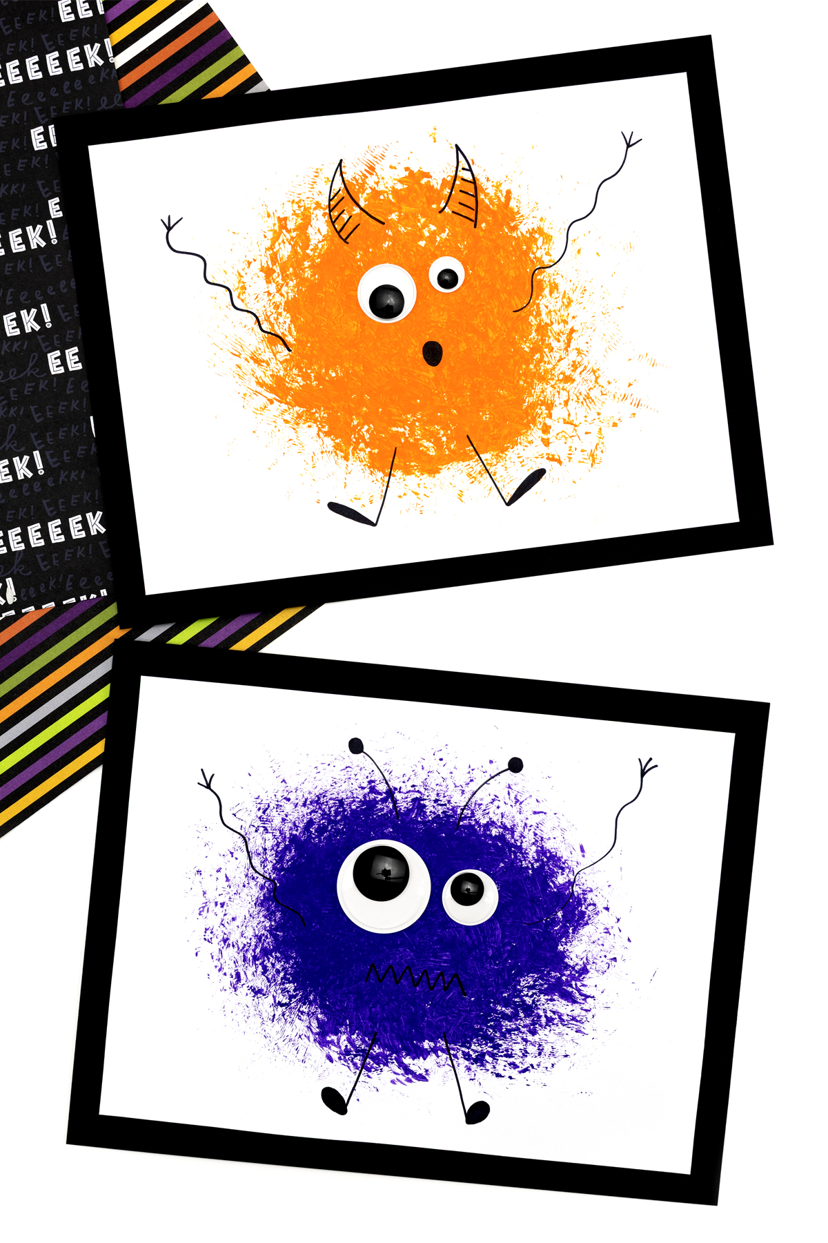 Purple and orange monster paintings for kids.