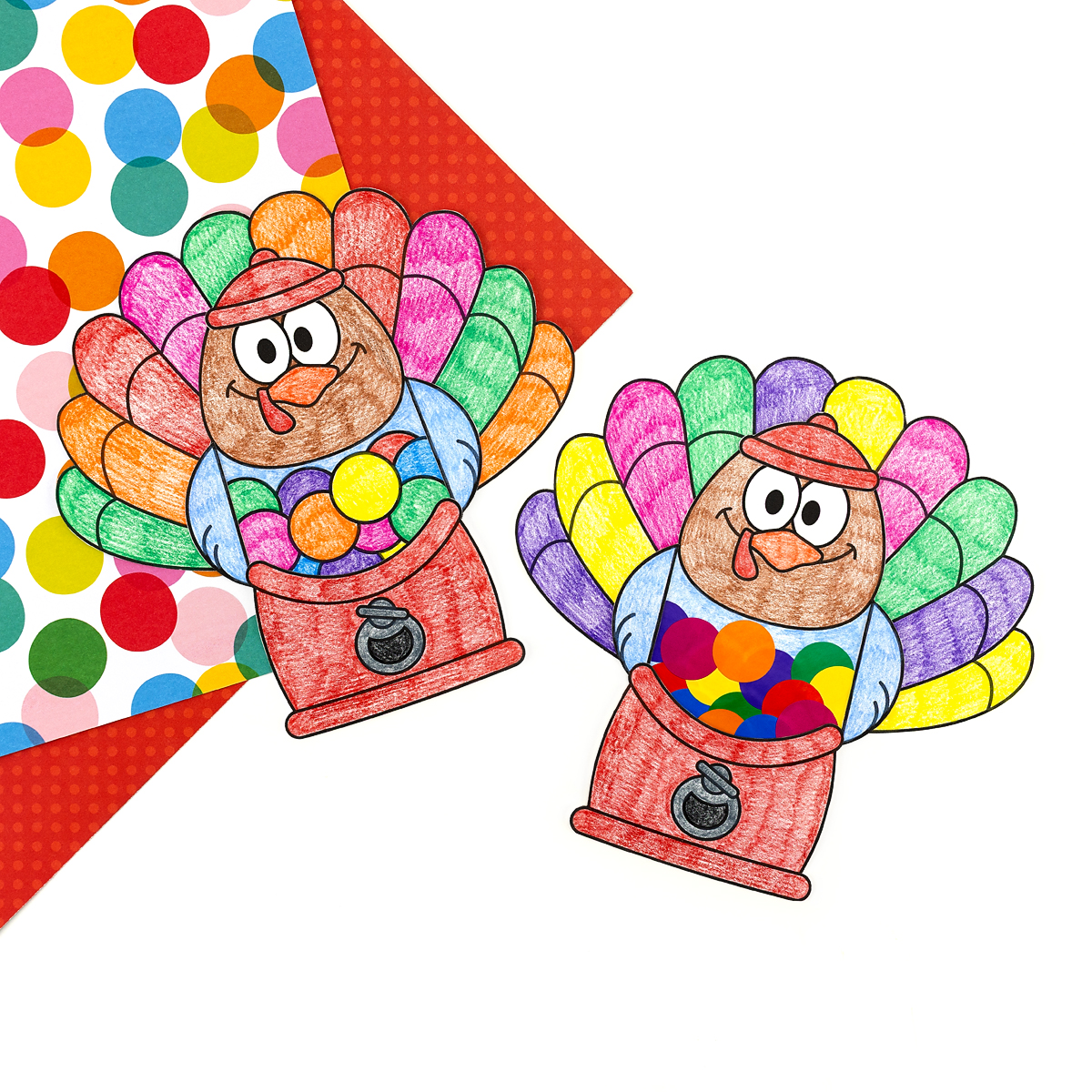 Two colorful gumball machine turkeys. 