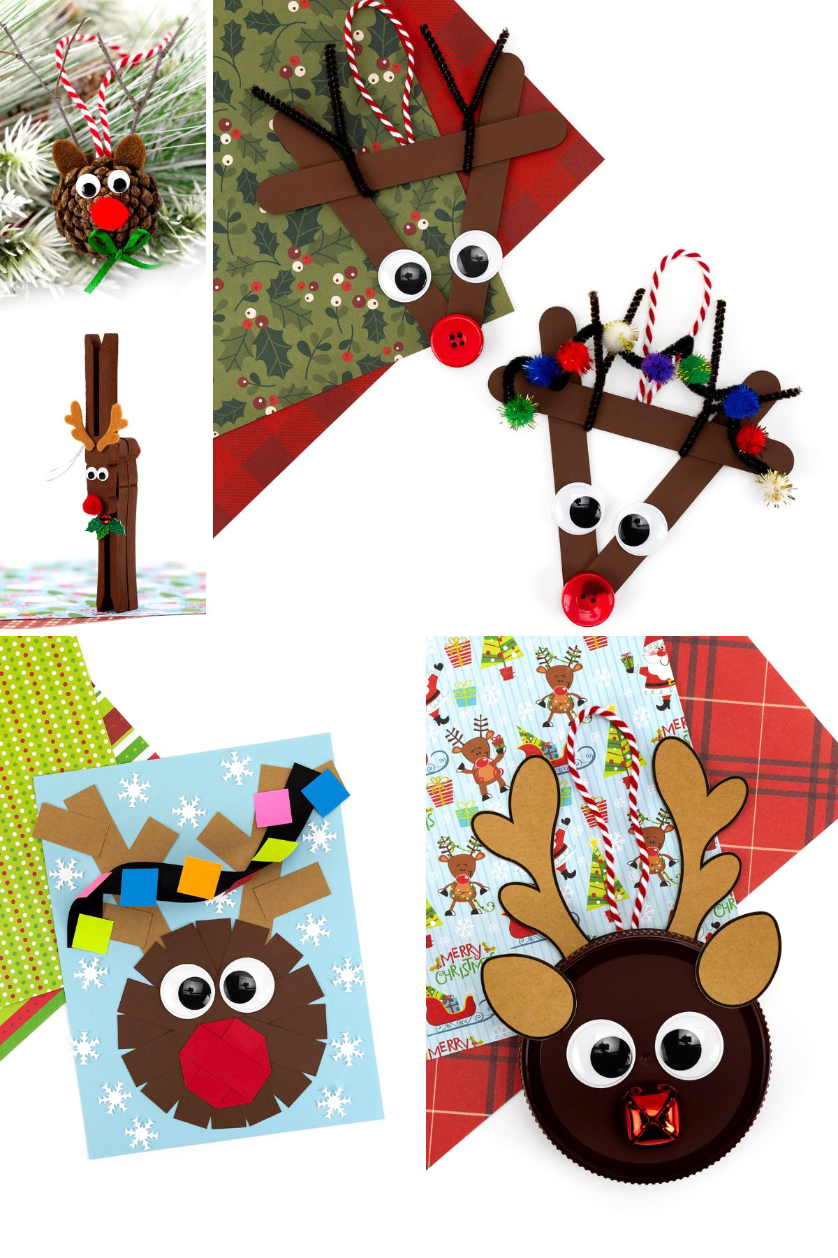 Collage of completed reindeer crafts including paper strip, popsicle stick, pine cone, clothespin, jar lid, and twig ornaments.