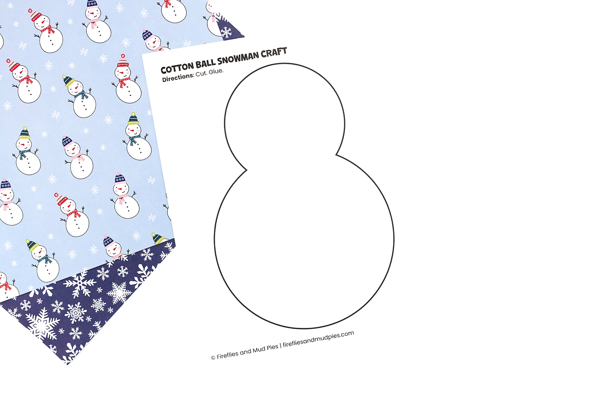 Printed cotton ball snowman template on white cardstock, ready to cut out.