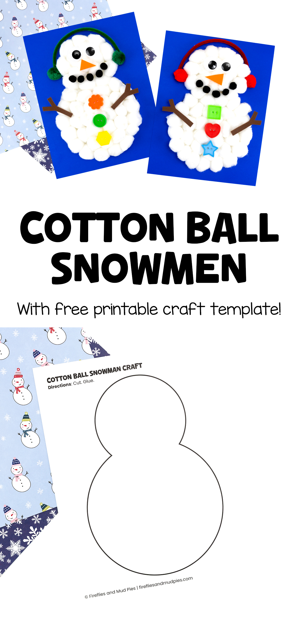 Pinterest image for cotton ball snowmen.