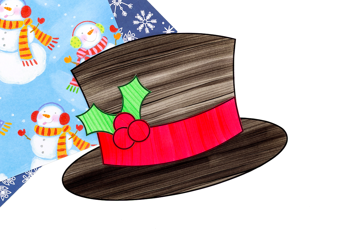 Assembled snowman hat pieces glued together and ready to attach.