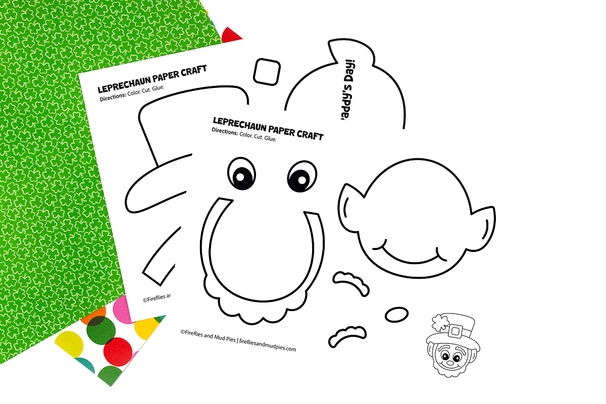 Leprechaun card craft template on a table. 