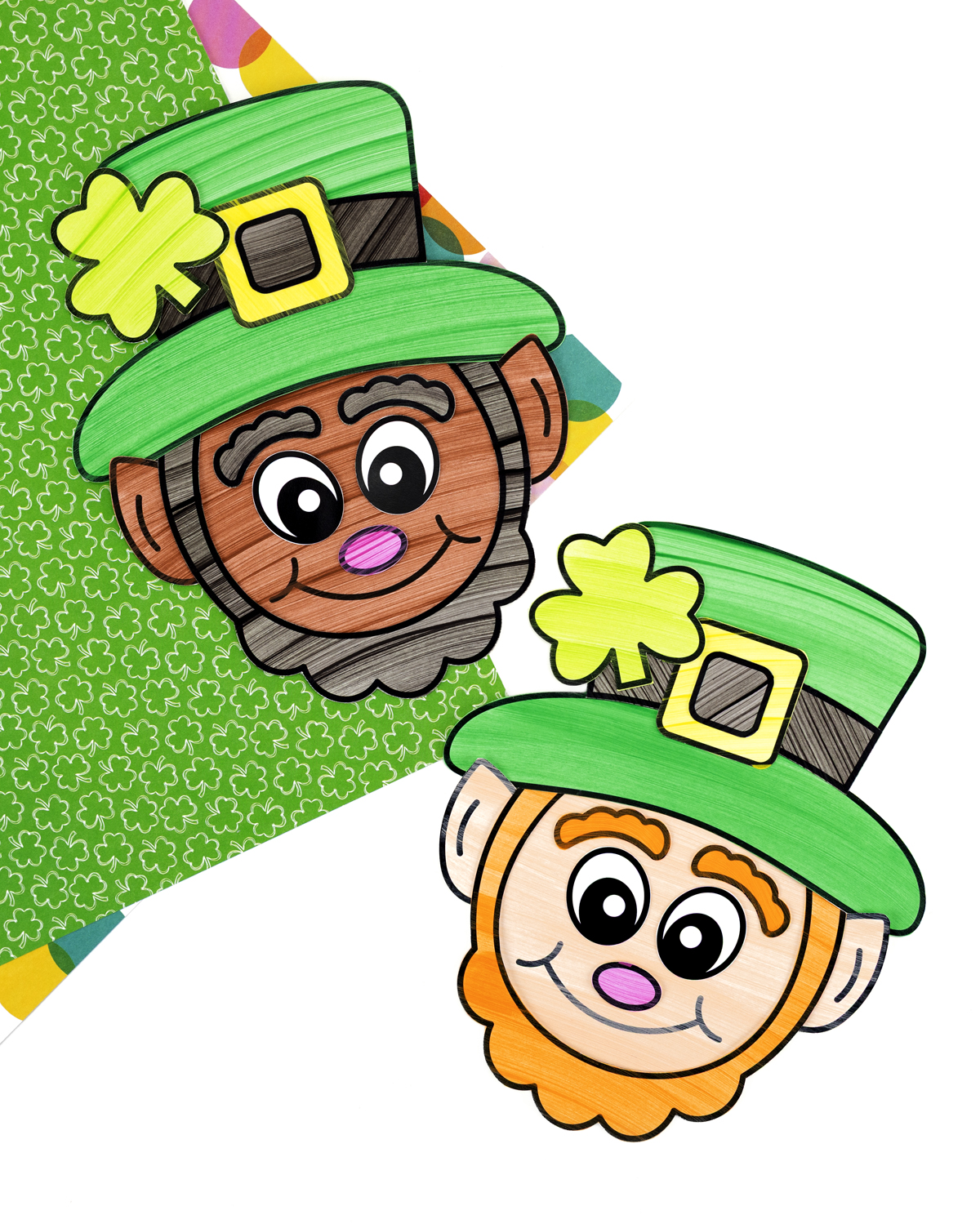 Finished St. Patrick’s Day leprechaun card on a desk.