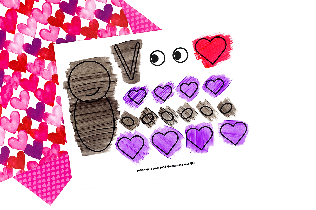 Love bug template pieces painted for a Valentine craft.