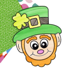 Completed leprechaun face glued onto St. Patrick’s Day card.