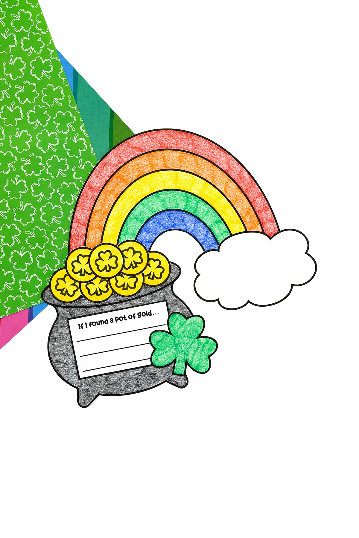 Finished Pot of Gold Craft for kids on a table.