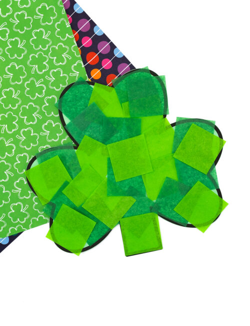 Preschool Shamrock Craft made with free printable template and tissue paper squares.