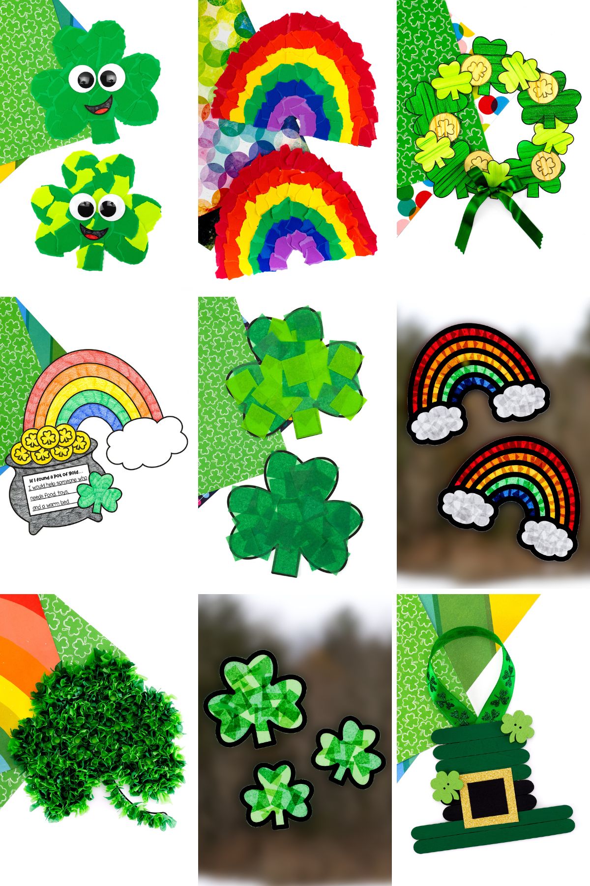 Multiple St. Patrick’s Day craft projects displayed together, featuring colorful paper shamrocks, rainbow suncatchers, leprechaun figures, and other festive decorations for kids.