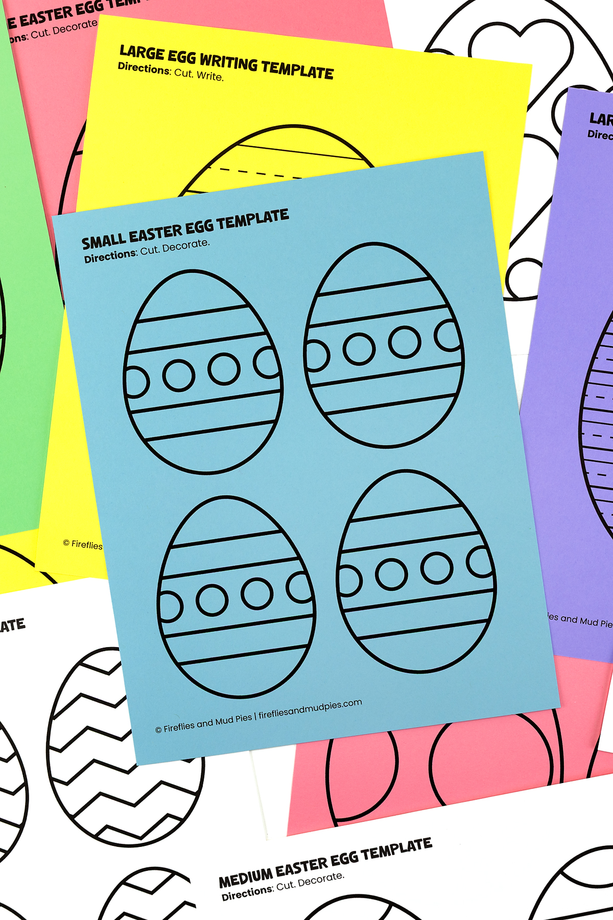 Printable Easter egg templates spread out, showing unique designs for coloring, decorating, and spring crafts.