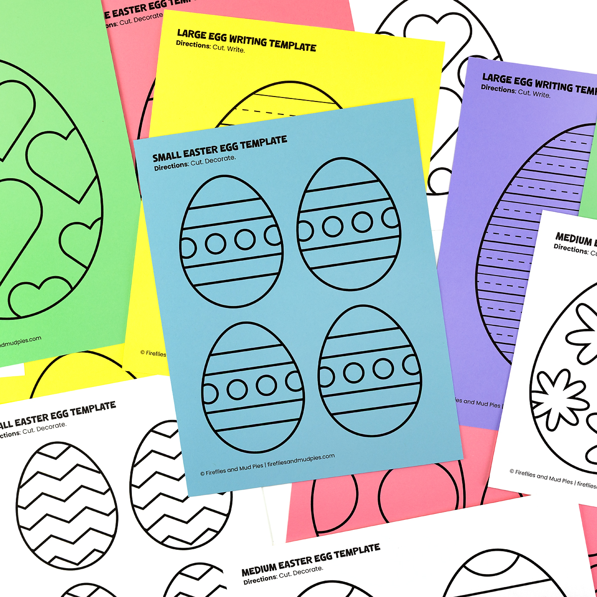 Printable Easter egg templates spread out showing small striped and dots eggs on blue paper surrounded by chevron, heart, writing, and floral egg designs on colorful pages.