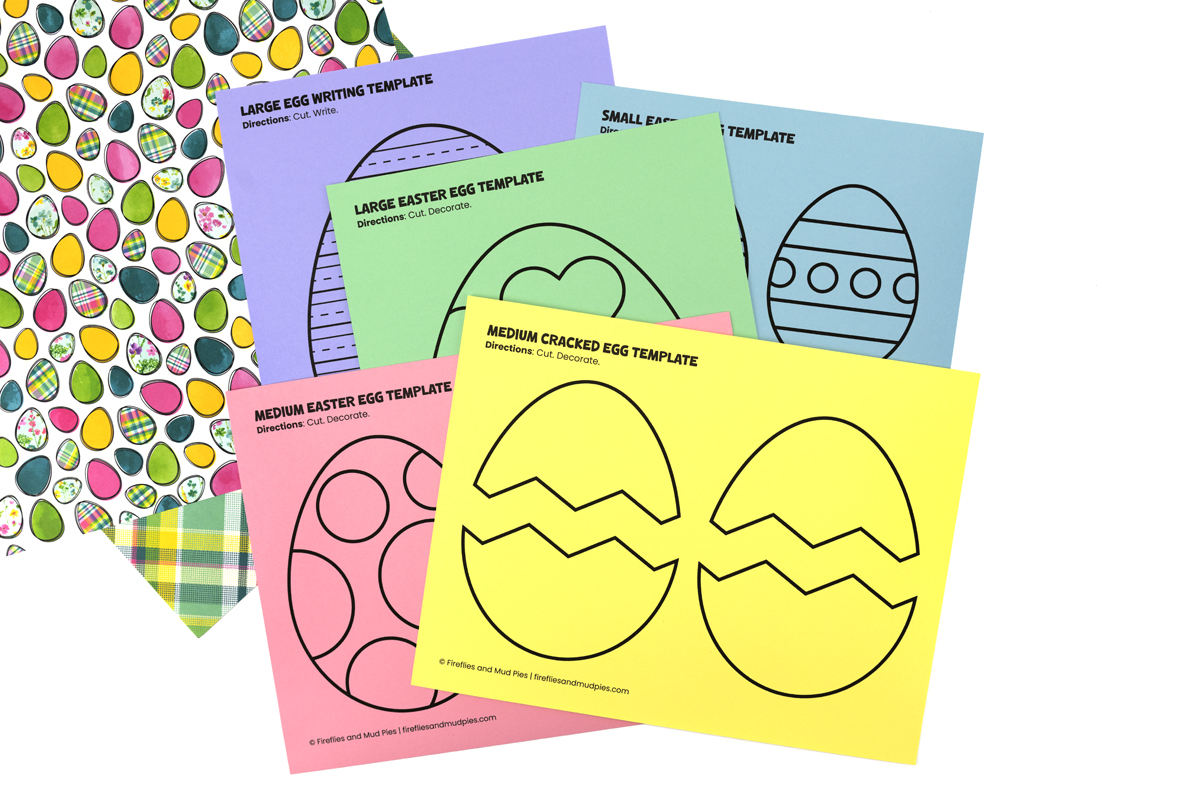 Free printable Easter egg templates fanned out showing a cracked egg design on yellow paper, polka dot egg on pink, heart egg on green, writing template on purple, and striped egg on blue.