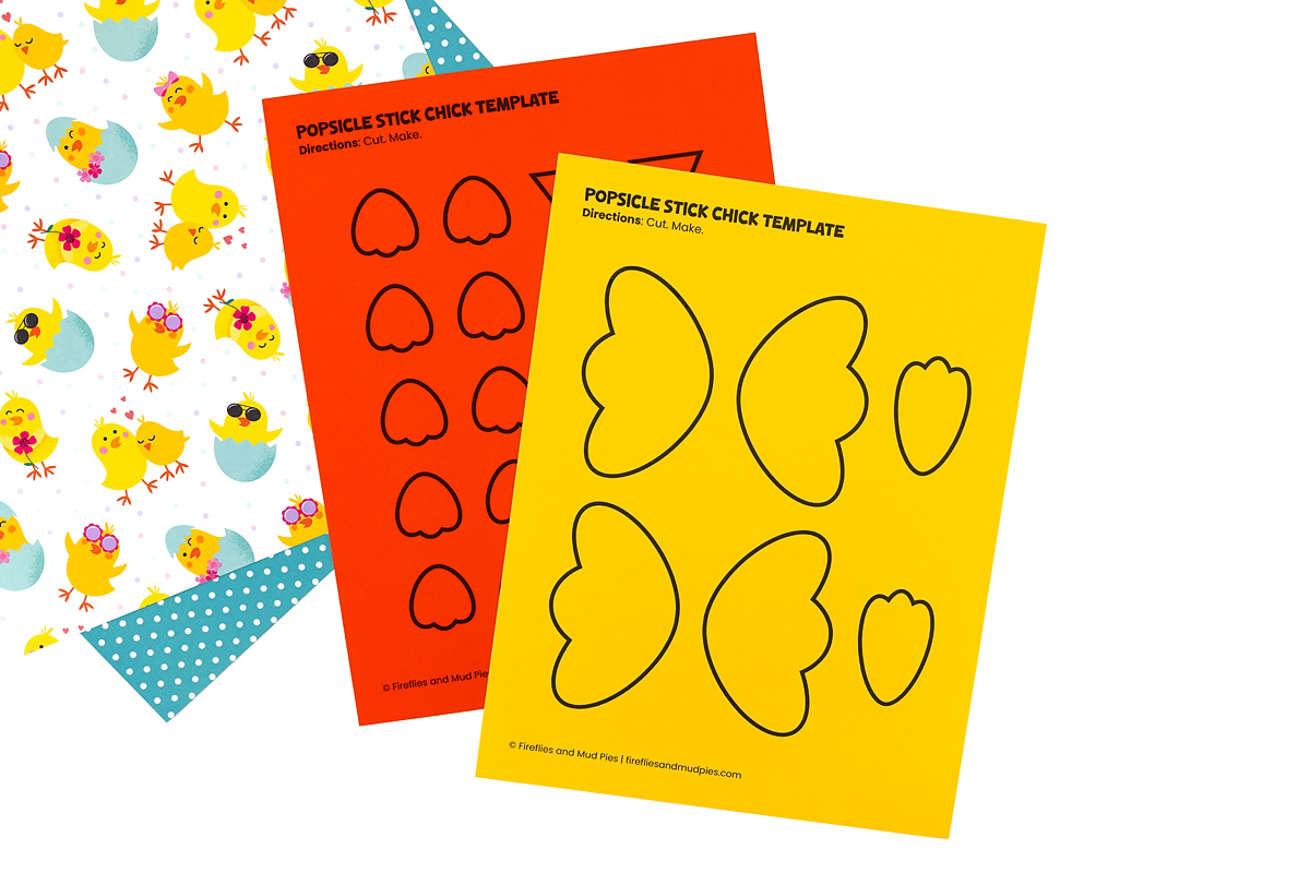 Printed popsicle stick chick template on white cardstock, including wings, feet, beak, tuft of hair, and eyes.