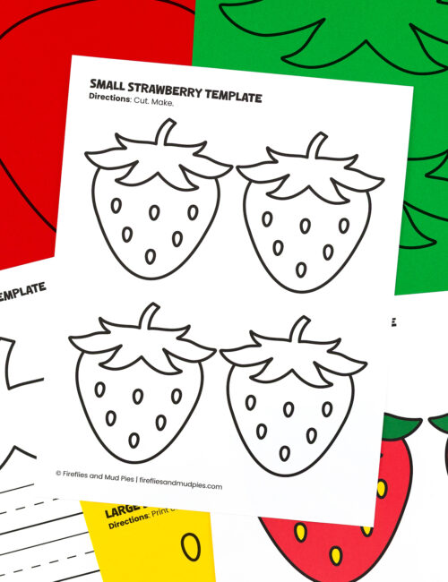 Free strawberry template printable pages fanned out showing blank outlines, writing lines, and pre-colored red strawberry templates.