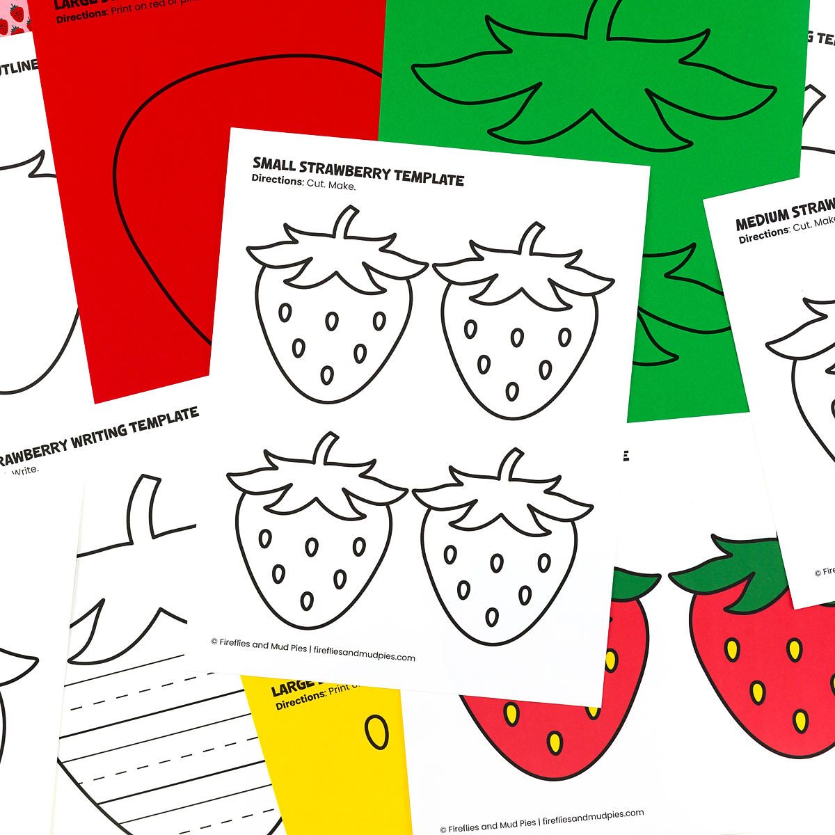 Spread of strawberry template printable pages including blank outlines, writing templates, coloring pages, and pre-colored strawberry templates in red and green.