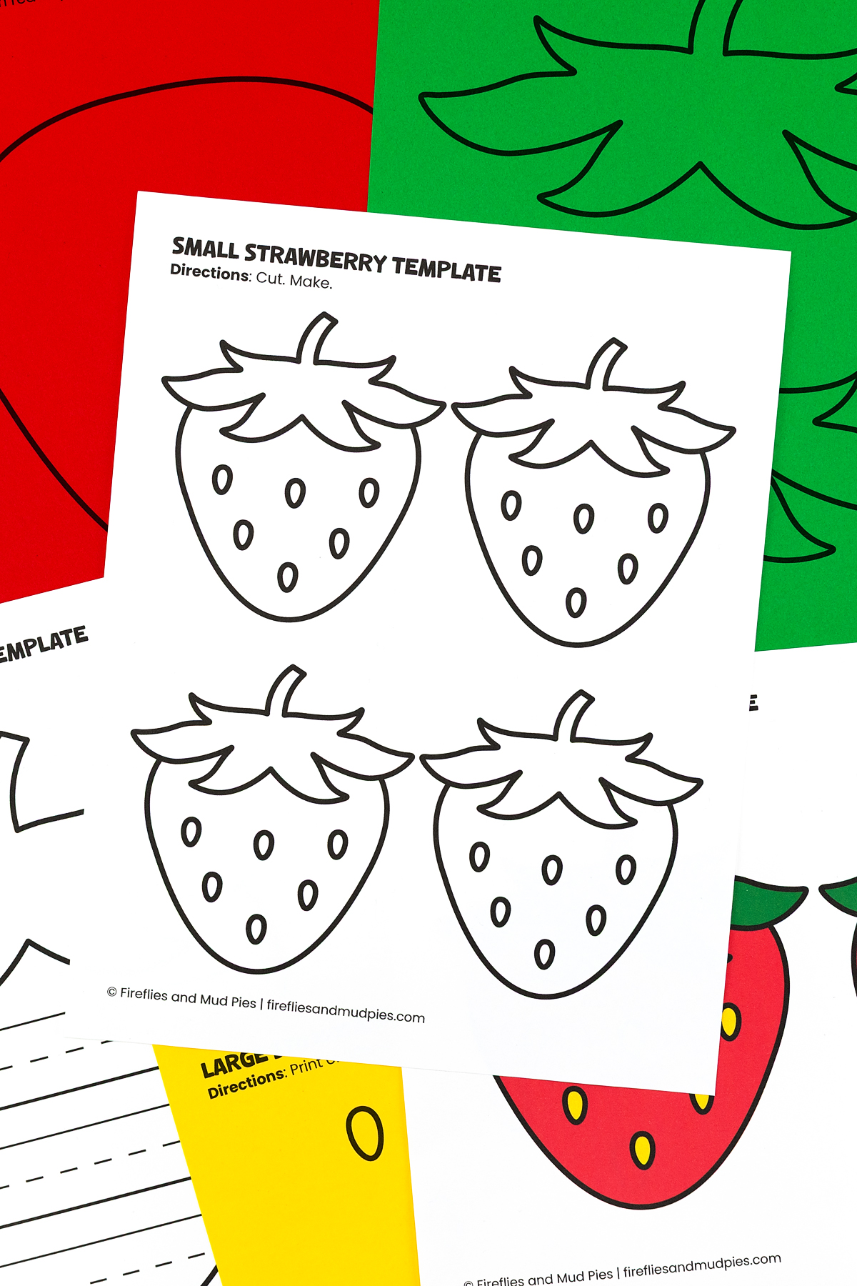 Free strawberry template printable pages fanned out showing blank outlines, writing lines, and pre-colored red strawberry templates.