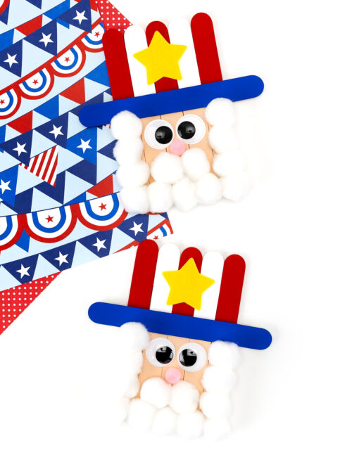 Two Uncle Sam Popsicle Stick Crafts on a patriotic background.