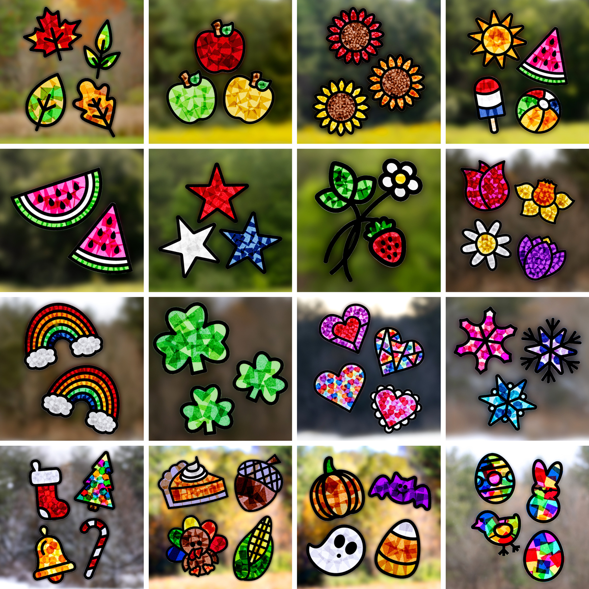 Collage showing 16 colorful suncatcher crafts for kids including flowers, apples, leaves, snowflakes, pumpkins, and holiday designs displayed as bright window art.