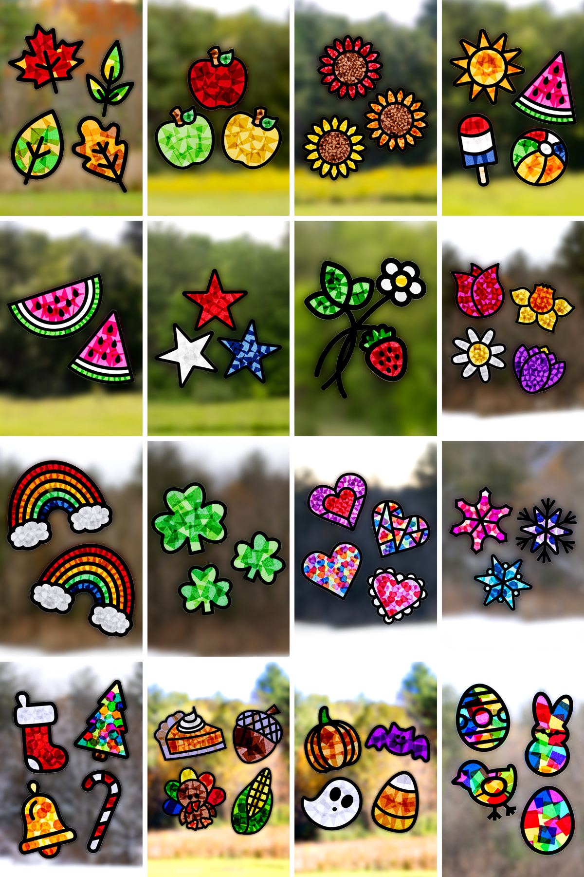 Collection of colorful suncatcher crafts for kids featuring different shapes and seasonal designs made with tissue paper and displayed in windows.