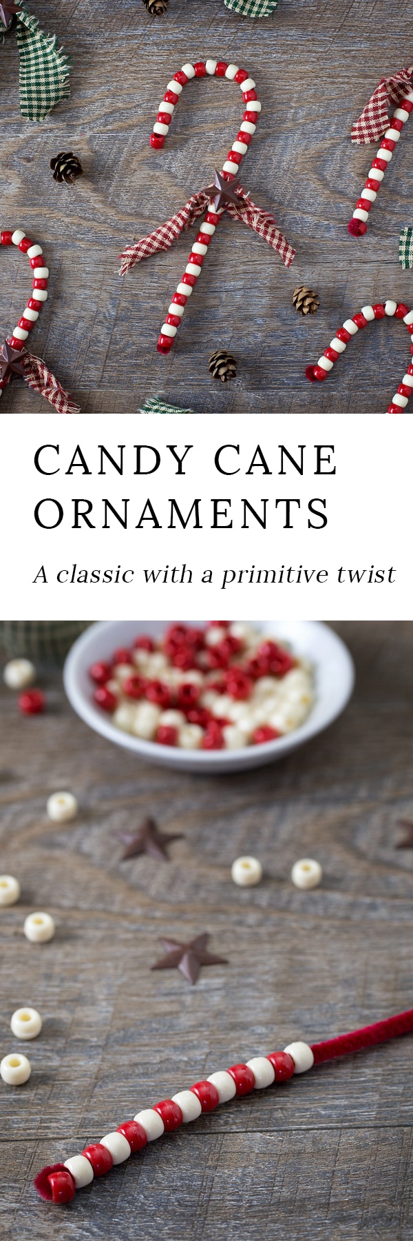Beaded Candy Cane Ornaments are a childhood classic! Learn how to give them a primitive look, making them gift-ready and perfect for your Christmas tree.