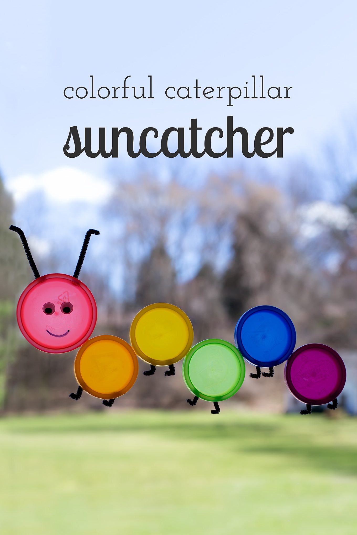 If you are anticipating spring's warm sun and blue skies, then this colorful caterpillar suncatcher craft is perfect for you! Made from recycled Play-Doh lids, this easy spring craft is fun for kids of all ages.