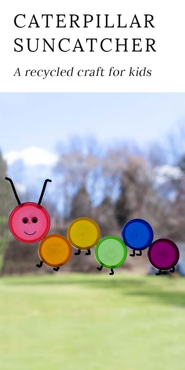 If you are anticipating spring's warm sun and blue skies, then this colorful caterpillar suncatcher craft is perfect for you! Made from recycled Play-Doh lids, this easy spring craft is fun for kids of all ages.