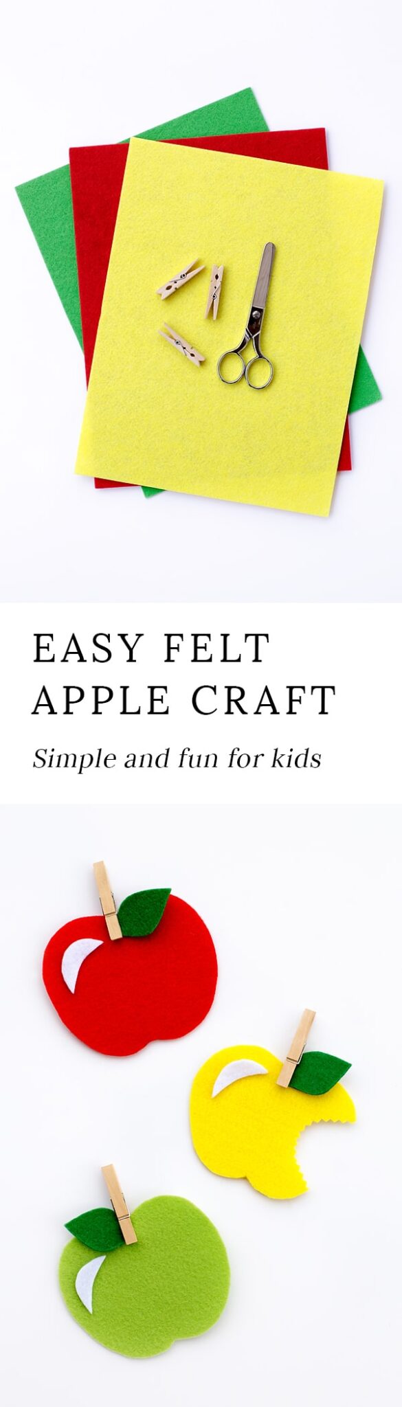 Sweet and simple, this Felt Apple Craft is fun for kids of all ages. Colorful felt apples can be used as gift tags, refrigerator magnets, holiday ornaments, or fall decor. They are even cute for a child's play kitchen! This post includes a free printable template.