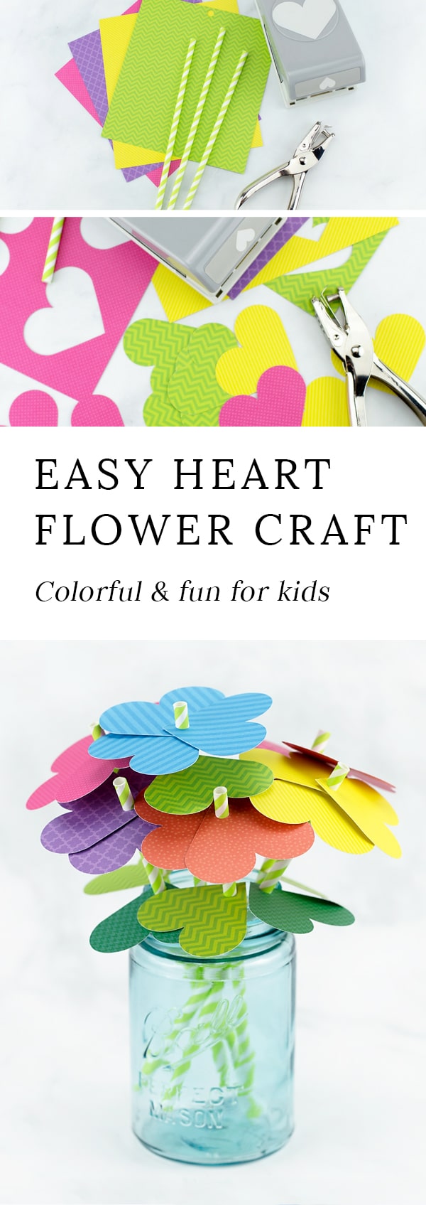 Just in time for spring, kids of all ages will enjoy making a vibrant bouquet of paper heart flowers with colorful scrapbook paper, green paper straws, and a heart paper punch.