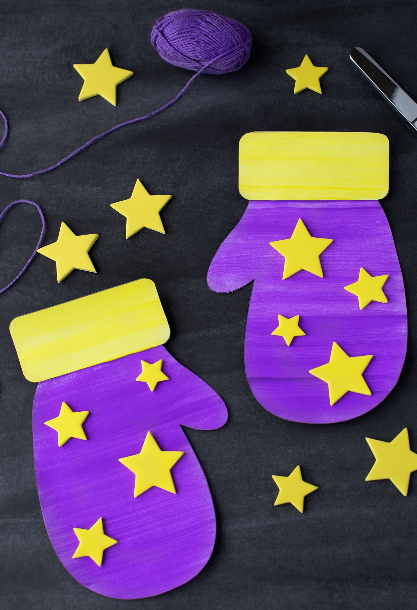 Paper Mitten Craft Painted Purple and Yellow with Stars Paper Mitten Craft Painted Purple and Yellow with Stars