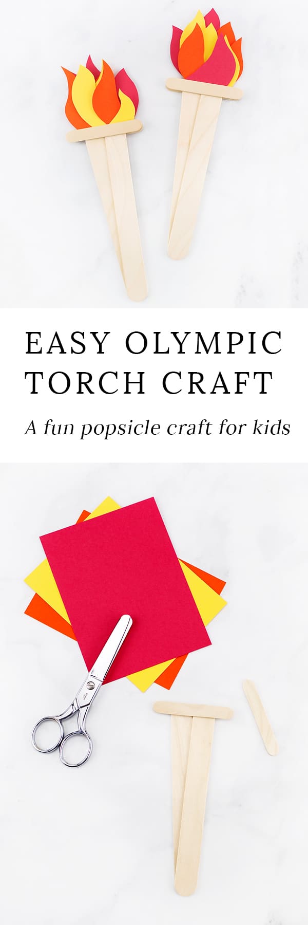 Looking for an easy Olympics craft for kids? This simple Olympic Torch Craft, created from construction paper and wooden craft sticks, is perfect for home or school.