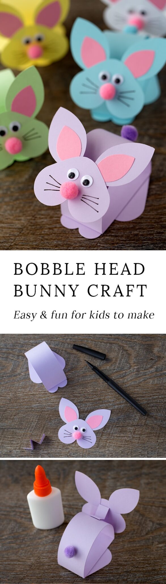 Just in time for Easter, kids of all ages will enjoy making an adorable paper bobble head bunny craft at school or home.