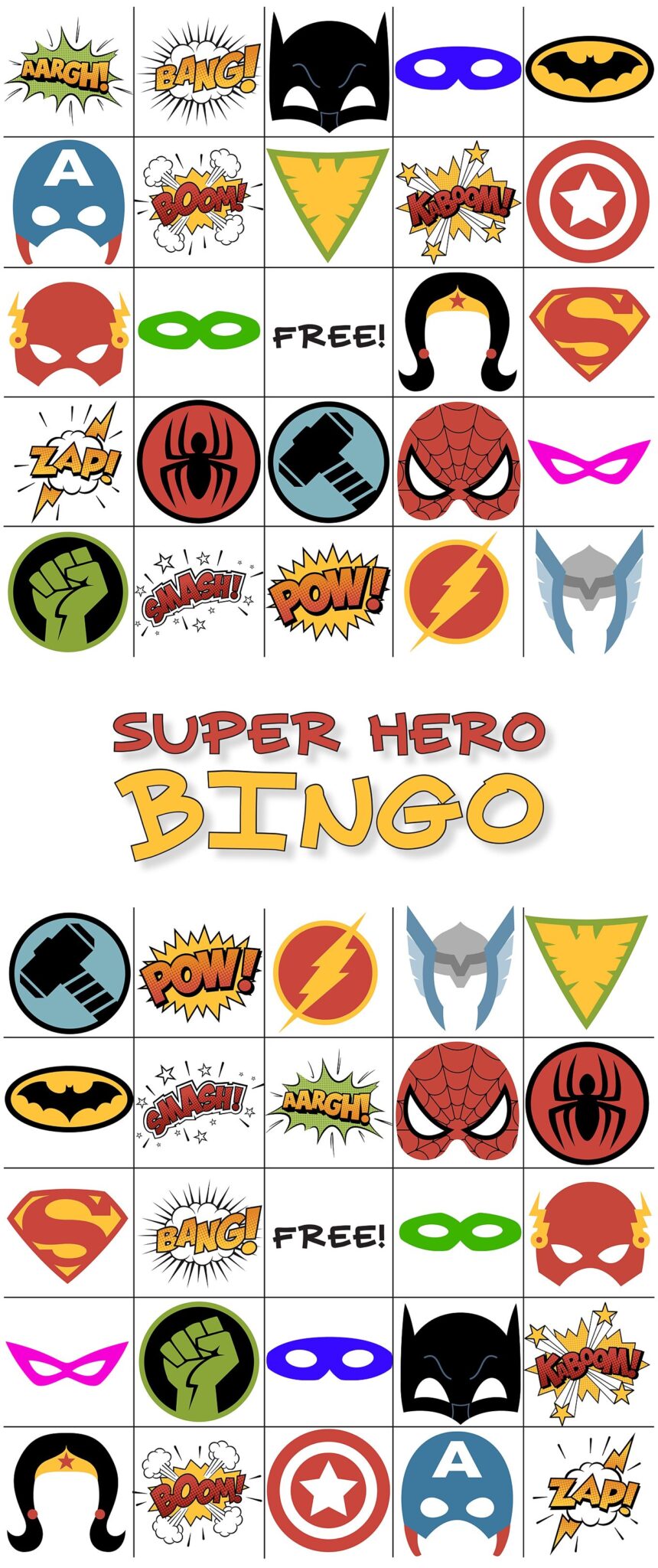Free Printable Superhero Bingo! Download and print for birthday parties or just for fun!