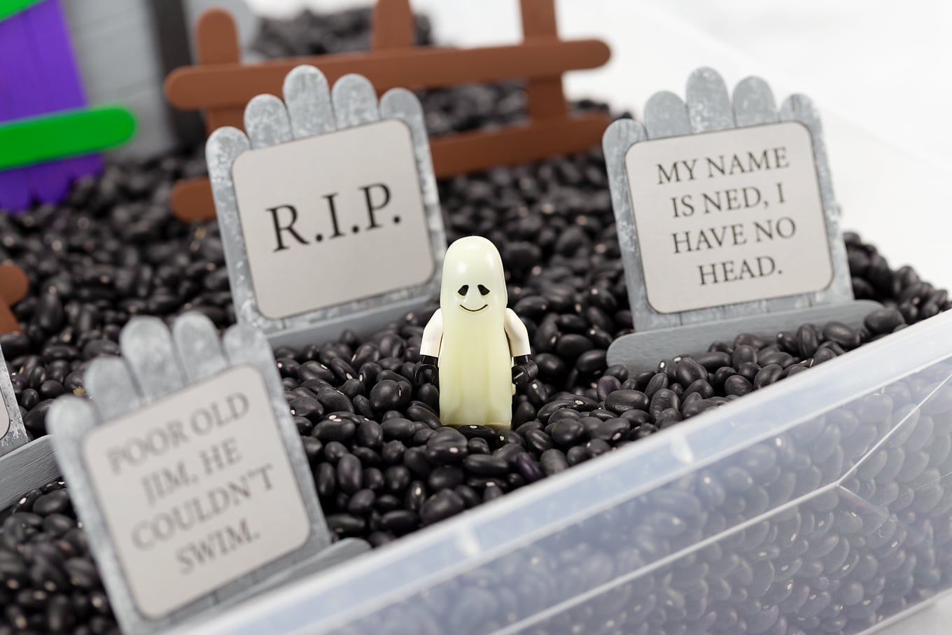 LEGO Ghost Minifigure in DIY Popsicle Stick Graveyard LEGO Ghost Minifigure in DIY Popsicle Stick Graveyard
