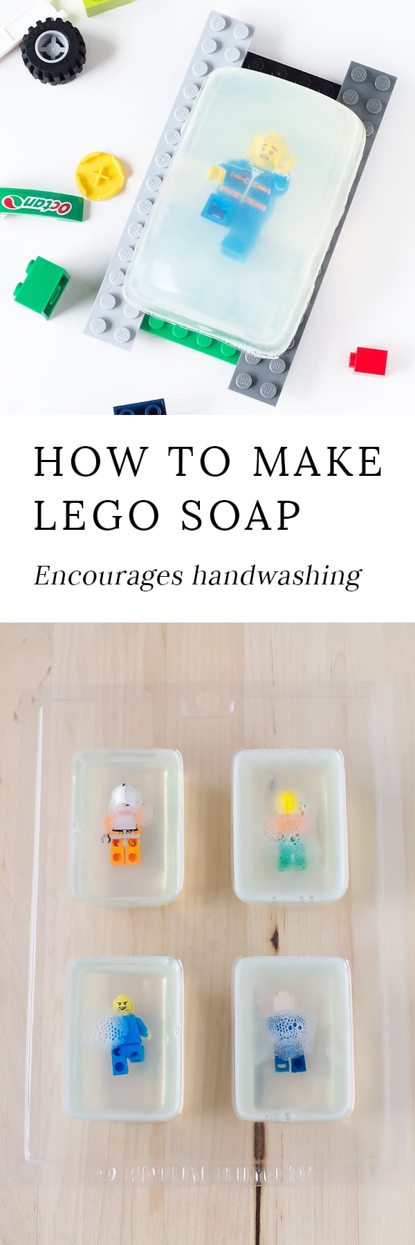 DIY LEGO Rescue Soap, created from clear glycerin melt and pour soap and LEGO Minifigures will get your kids back into healthy handwashing habits.
