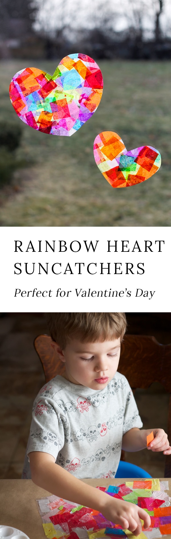 Crafters of all ages will enjoy learning how to make gorgeous Rainbow Heart Suncatchers with tissue paper and glue, perfect for Valentine's Day! #heartsuncatchers #valentinesdaycrafts #rainbowheartsuncatchers #tissuepapercrafts #suncatchercrafts #easycraftsforkids #preschoolcrafts #heartcrafts #rainbowcrafts #heartcraftideas