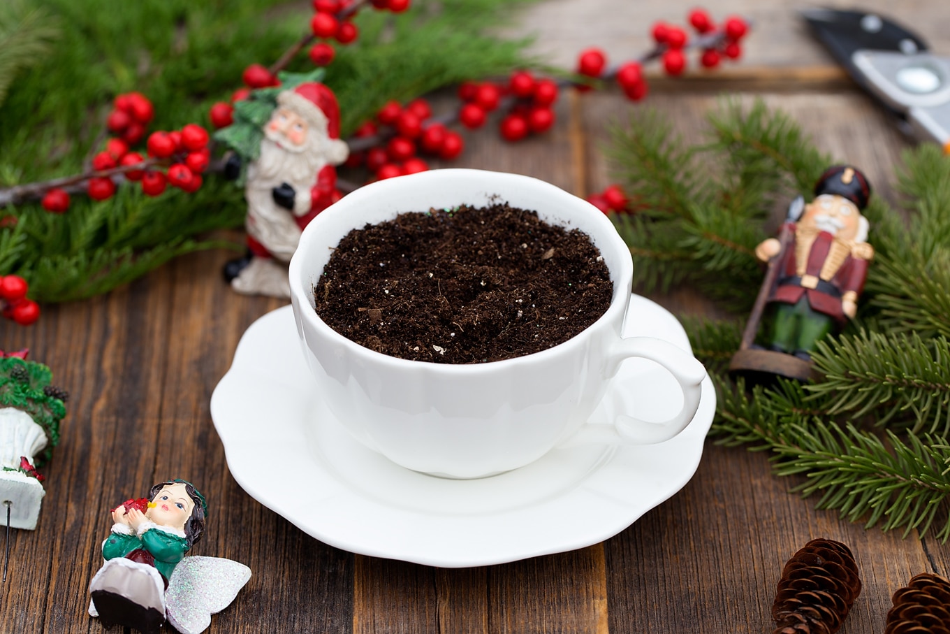 Just in time for Christmas, learn how to make a festive Christmas Teacup Garden with pine sprigs, winterberry, a teacup and saucer, and Christmas miniatures. #diychristmasgift #christmascrafts #teacupgarden #fairygardencrafts #christmasteacupgarden Christmas Teacup Garden In-Process