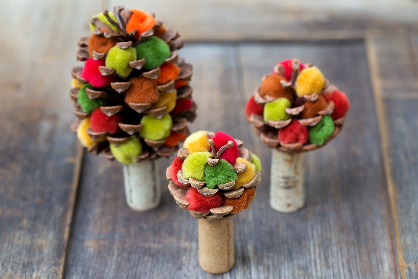 Learn how to make a colorful fall pine cone tree with pine cones, corks, and pom poms. This easy fall nature craft is perfect for kids of all ages!
